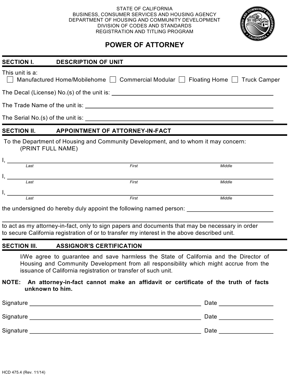 Form HCD475.4 Download Printable PDF or Fill Online Power of Attorney  California | Templateroller